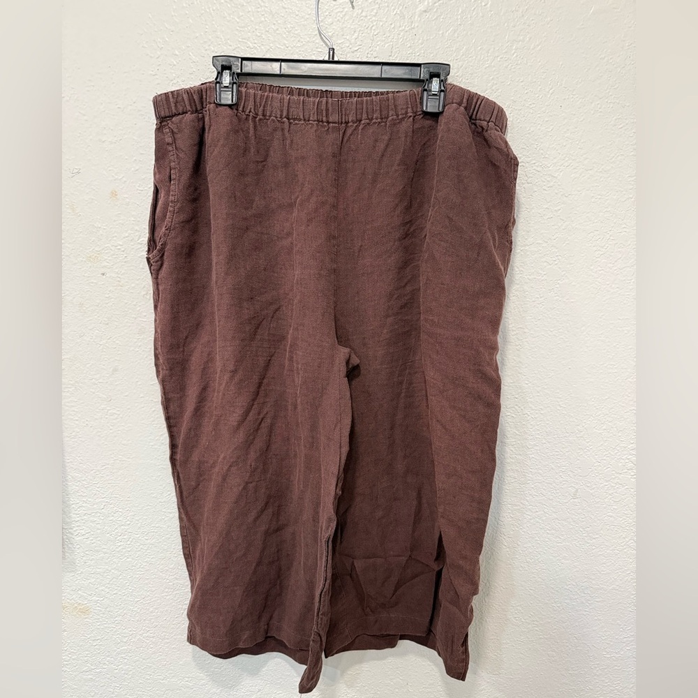 FLAX Brown 100% Linen Pull On Pants Elastic Waist Lagenlook Large